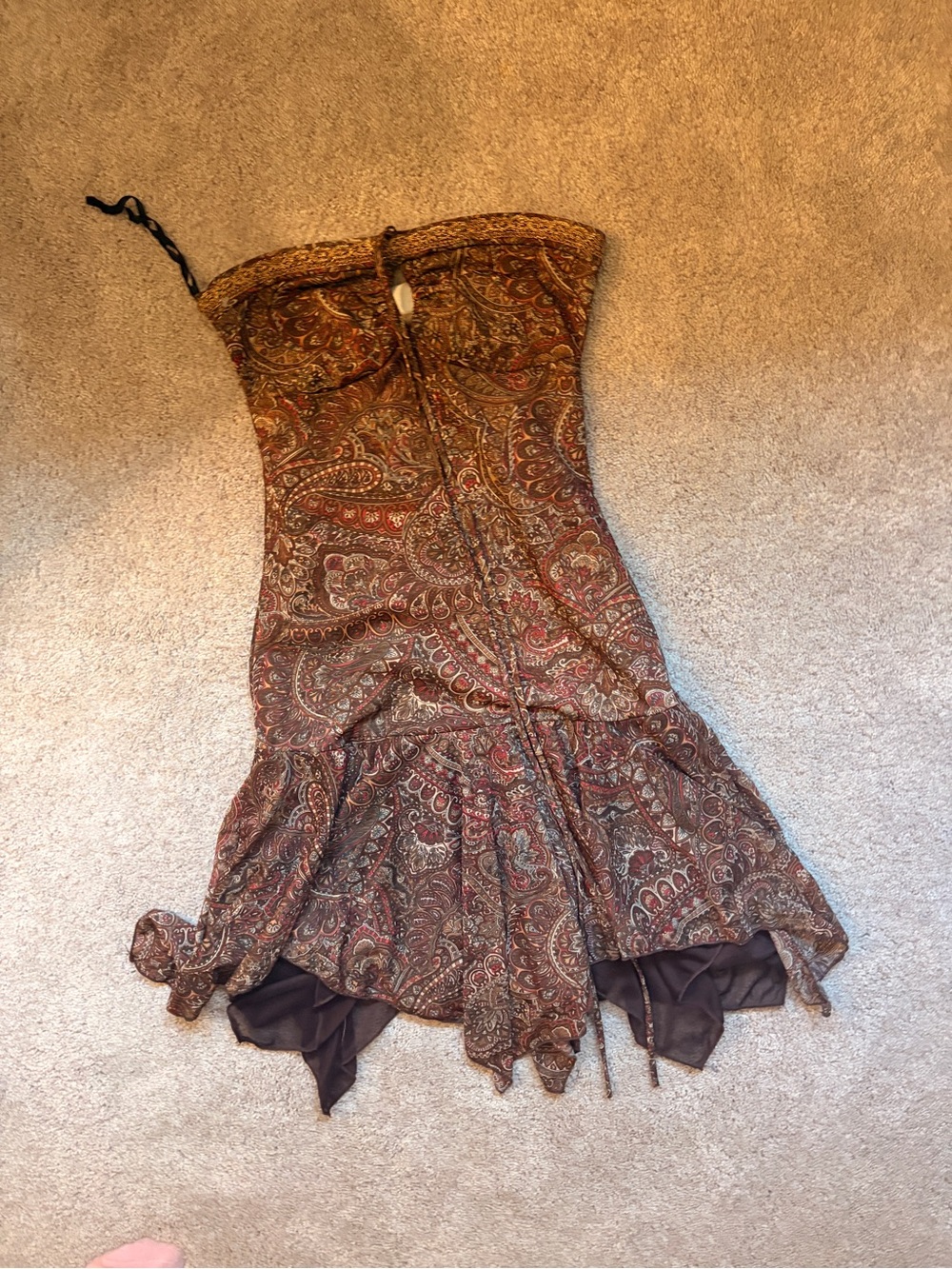 Taboo Strapless Paisley Midi Dress in Brown and Rust